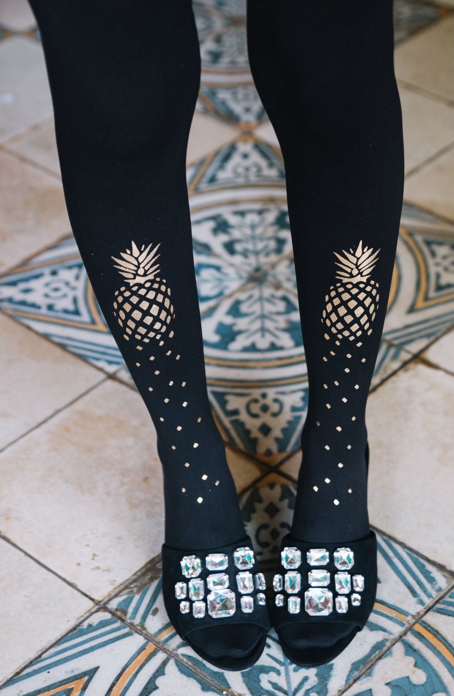 Zohara If You Like Piña Coladas Gold Print Tights