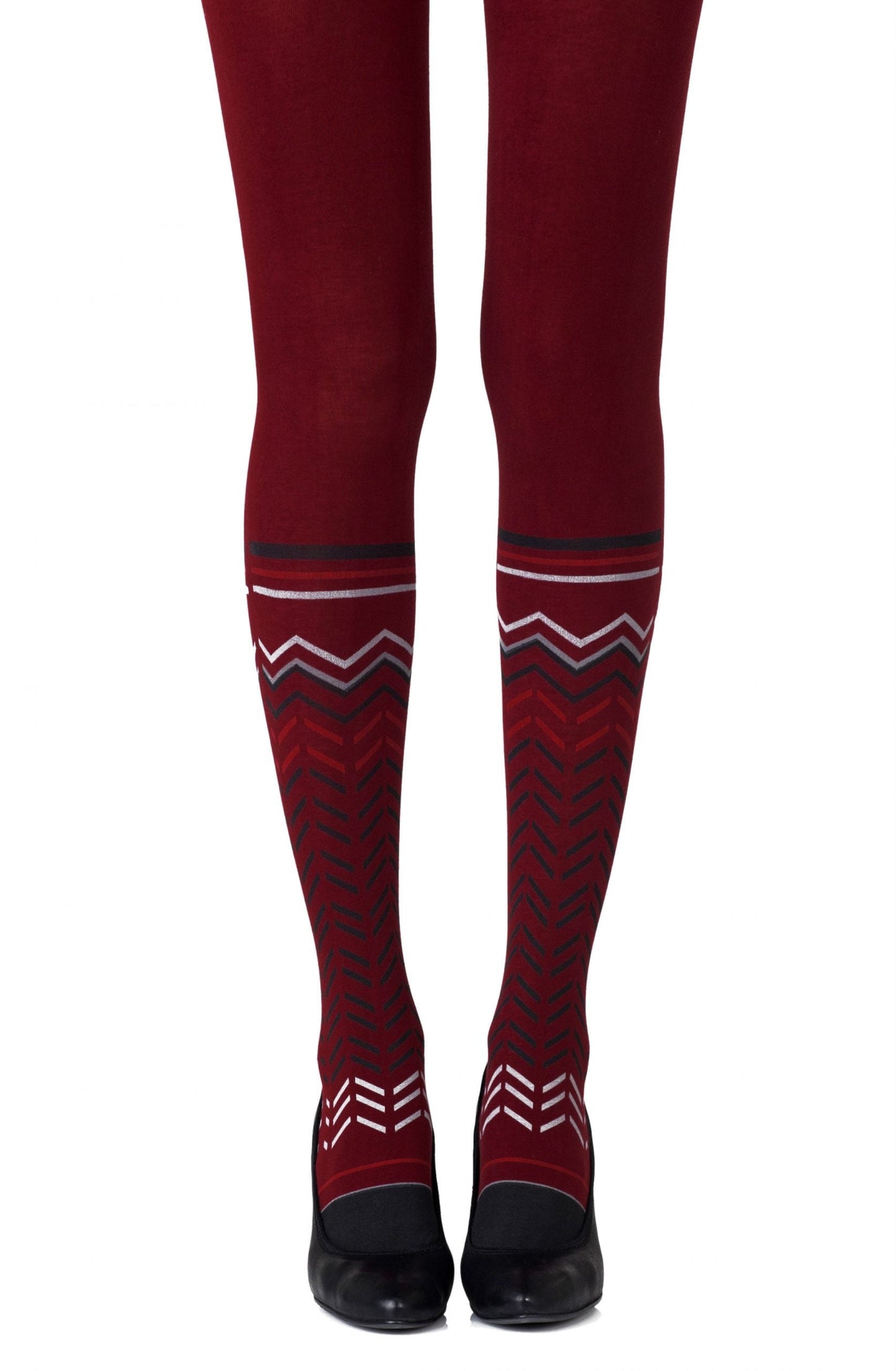 Zohara Zig Zag Walk Burgundy Print Tights - Burgundy-Black /