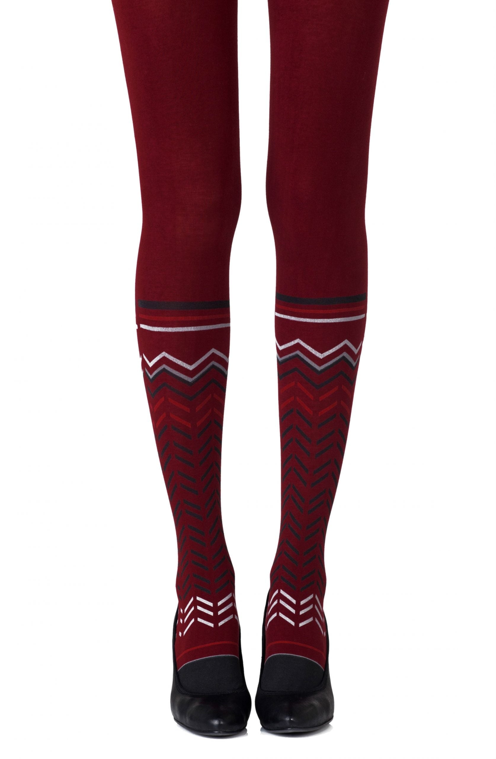 Zohara Zig Zag Walk Burgundy Print Tights - Burgundy-Black /